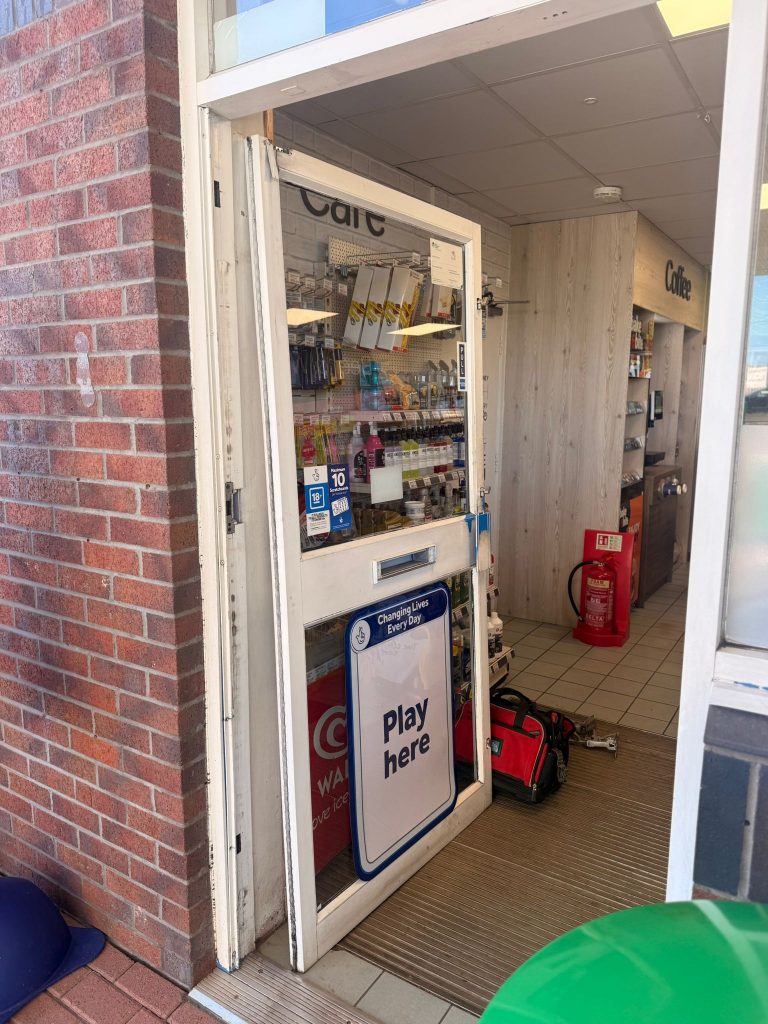 Commercial petrol station shop door dropped on its closer and pivot — repaired the same visit near Nottingham